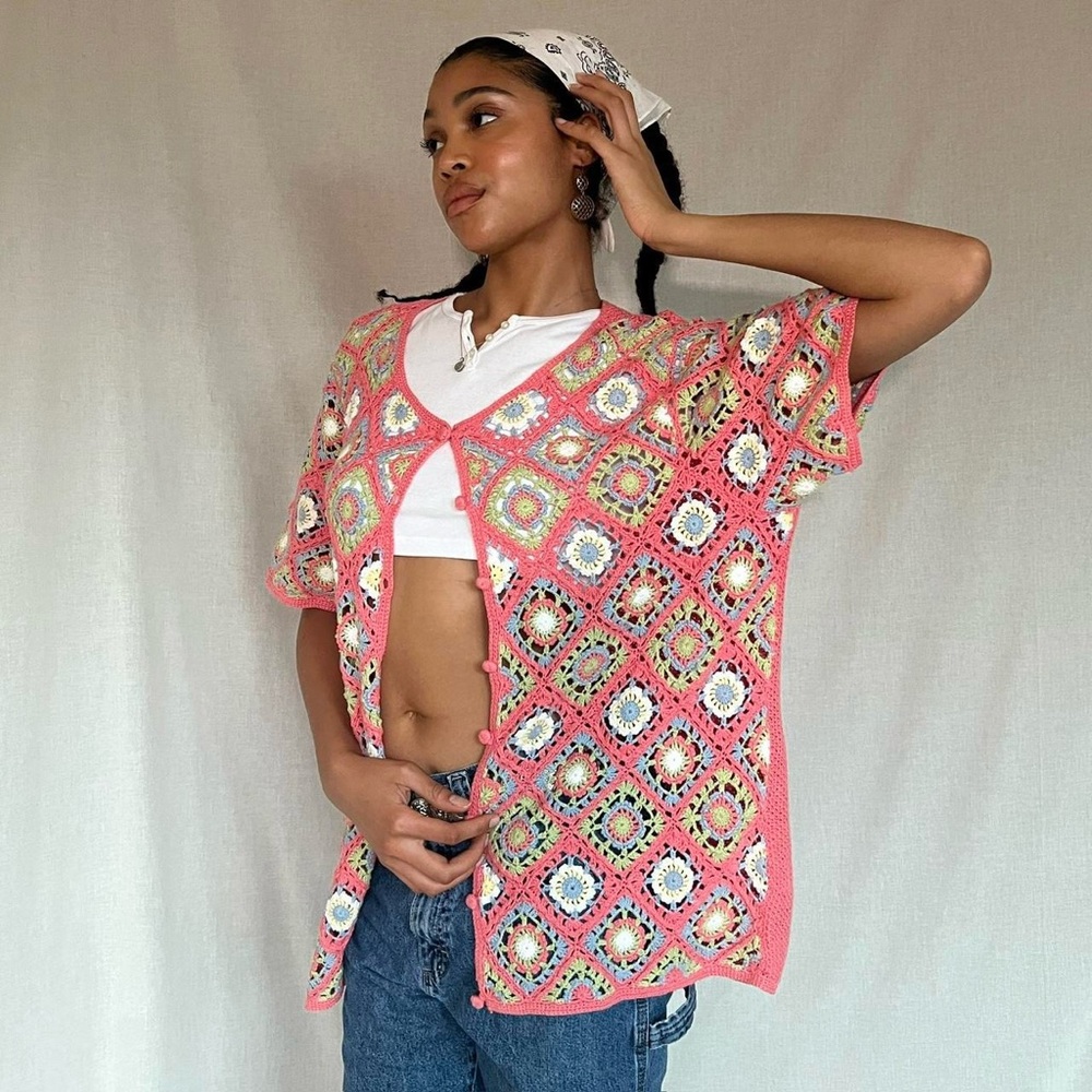 Vintage pink crochet short sleeve cardigan, BFA classics, Sz. 1X - Picture 3 of 8